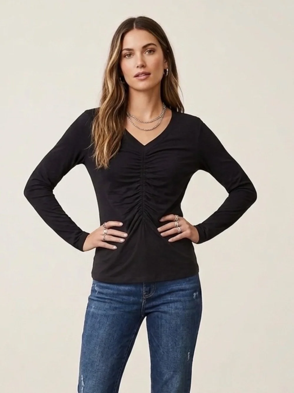 Loft Long Sleeve T Shirt V Neck Black Fitted Lightweight Ruched Front Large